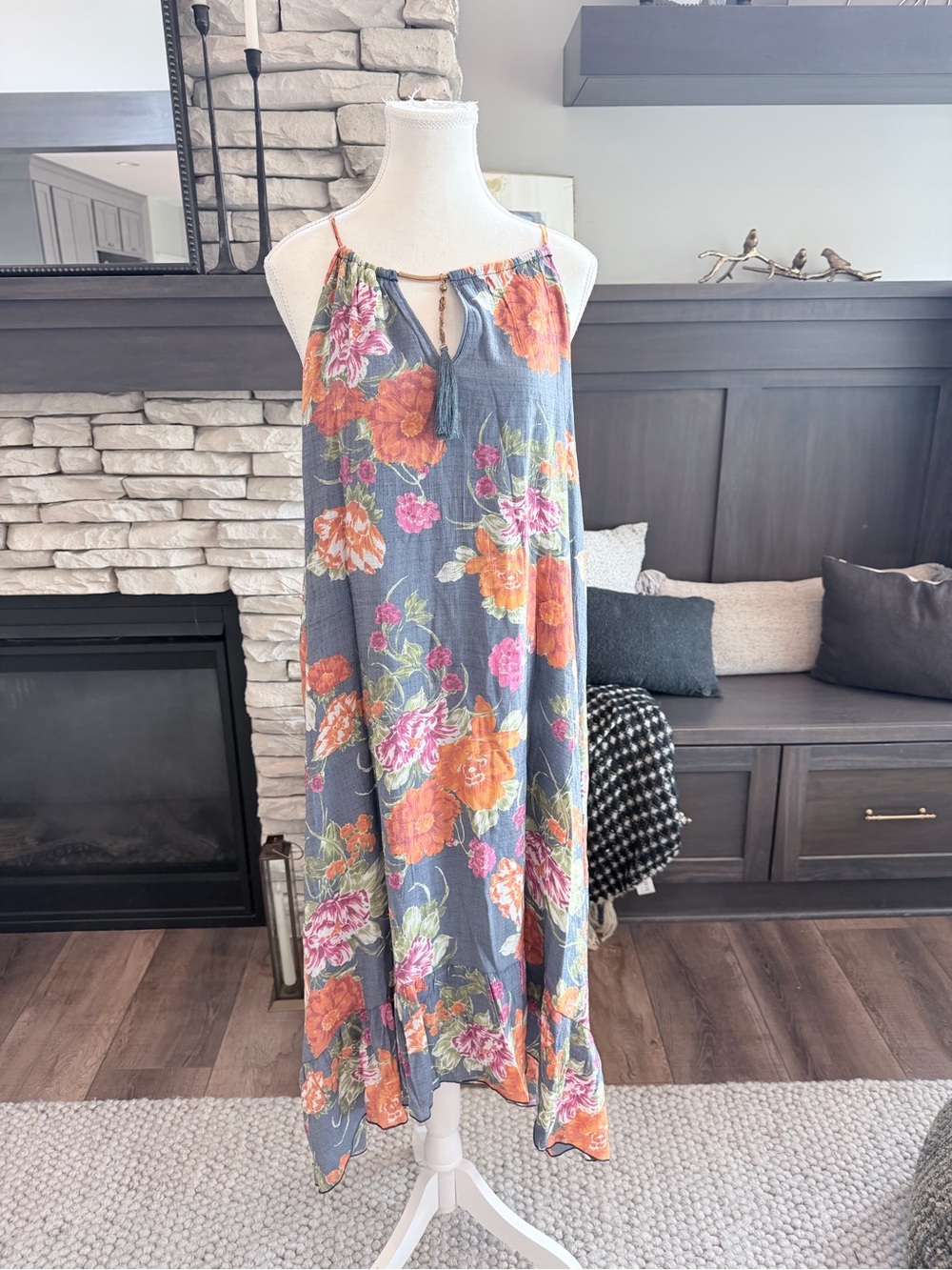 NWT XL Mlle Gabrielle Blue Maxi Dress with Orange & Pink Floral Print
